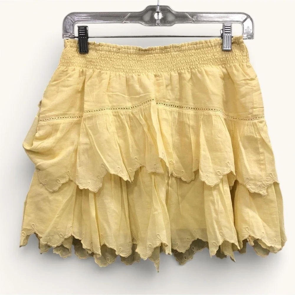 LoveShackFancy Smocked‎ Ruffle Mini Skirt Yellow Womens 8 Cottagecore NWT